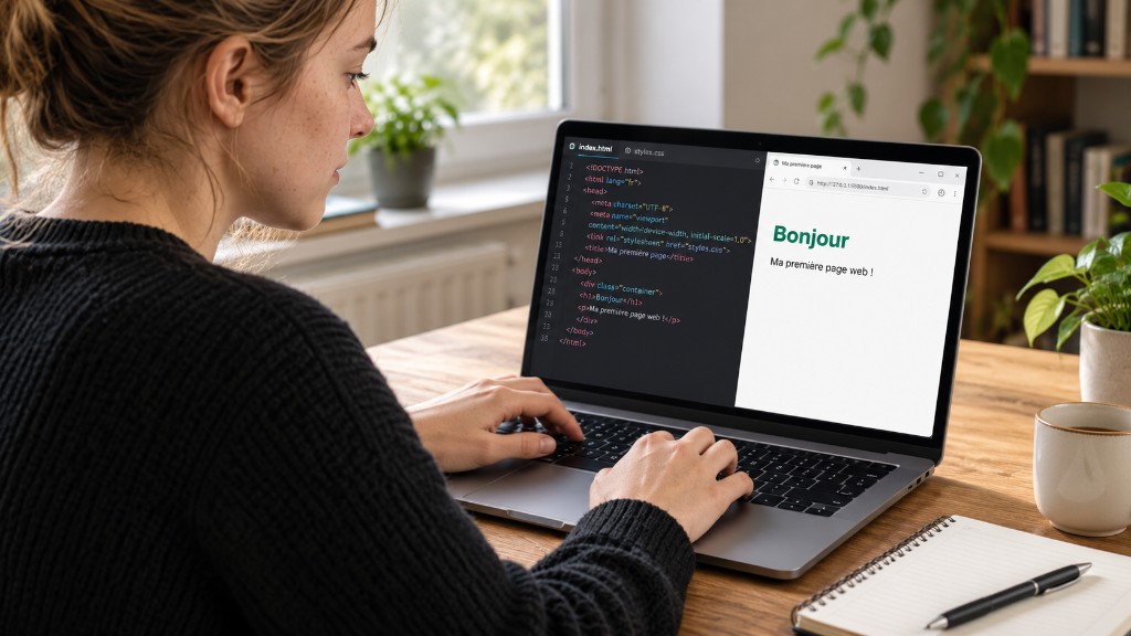Une apprenante écrit HTML et CSS pour une première page