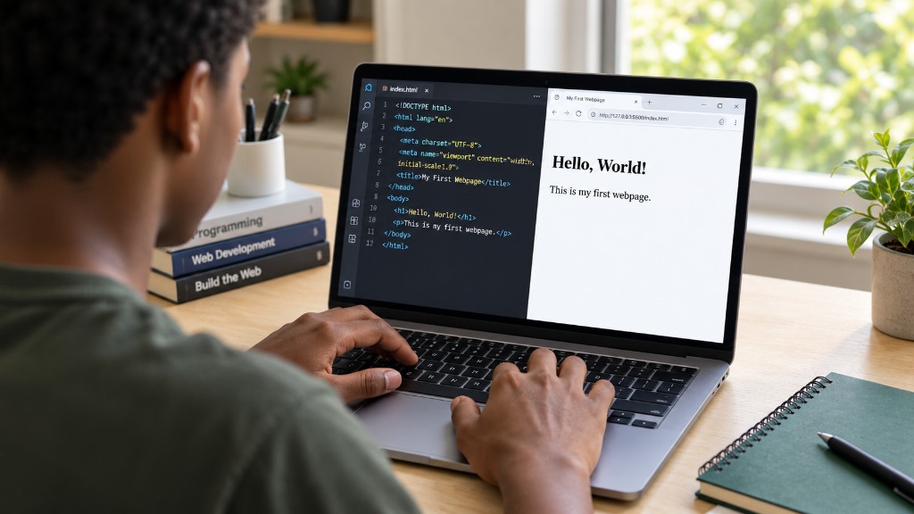 Une apprenante ouvre son premier fichier HTML à côté du navigateur