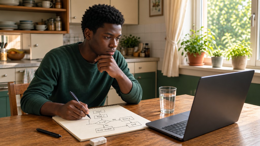 Un apprenant dessine un algorithme sur papier avant d’ouvrir le clavier